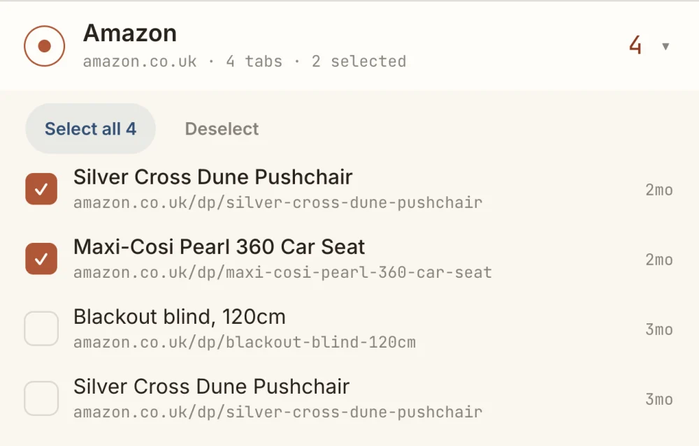 The Amazon group expanded in Tab Cleaner for Safari, showing four individual tabs with two ticked and a Select all 4 button — clearing a whole site or picking tabs one by one.
